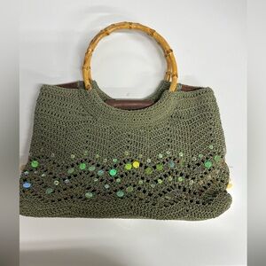 Olive Green Crochet Tote Bag with Bamboo Handles